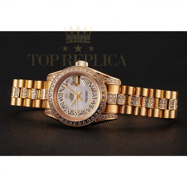 Replica Rolex DayJust Diamond Pave White Dial Gold Diamond Bracelet 1453957