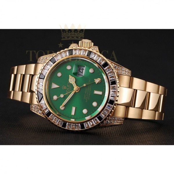 Replica Rolex GMT Master II Green Dial Stone Set Bezel Gold Case And Bracelet 1453748